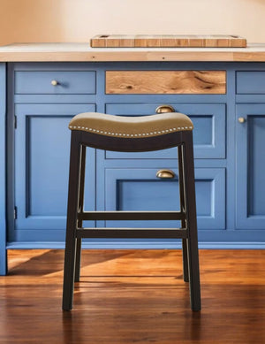 HomeRoots 26" Backless Bar Chair in Tan & Espresso - Solid Wood, Nailhead Trim, Stylish Comfort for Any Space 384136