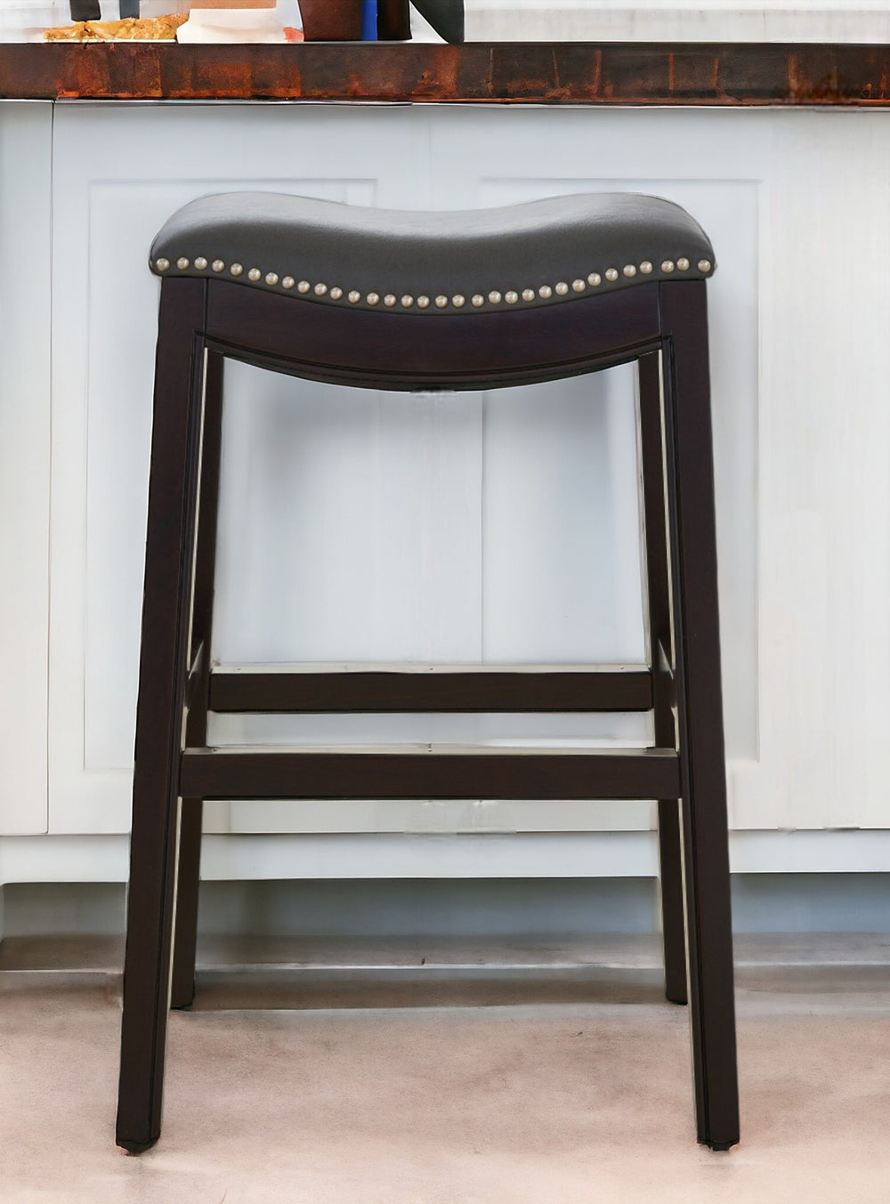 Homeroots 31" Gray And Espresso Faux Leather And Solid Wood Backless Bar Height Bar Chair   384137