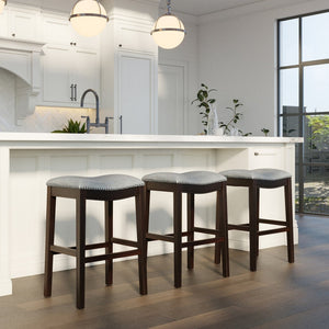HomeRoots 31" Stylish Gray Faux Leather Backless Bar Chair with Espresso Wood Frame for Modern Spaces 384137