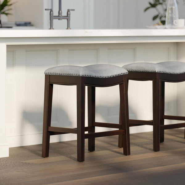 HomeRoots 26" Stylish Gray Faux Leather Bar Chair with Espresso Wood Frame for Kitchen or Home Bar Comfort 384138