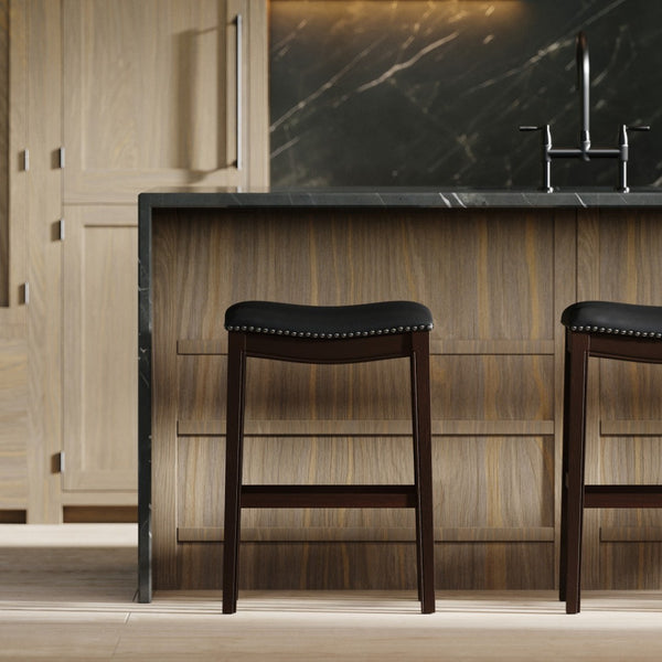 HomeRoots 31" Black and Espresso Solid Wood Backless Bar Chair - Stylish Comfort with Nailhead Trim Finish 384139