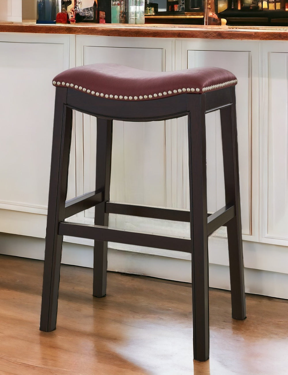 Homeroots 31" Dark Red And Espresso Solid Wood Backless Bar Chair   384141