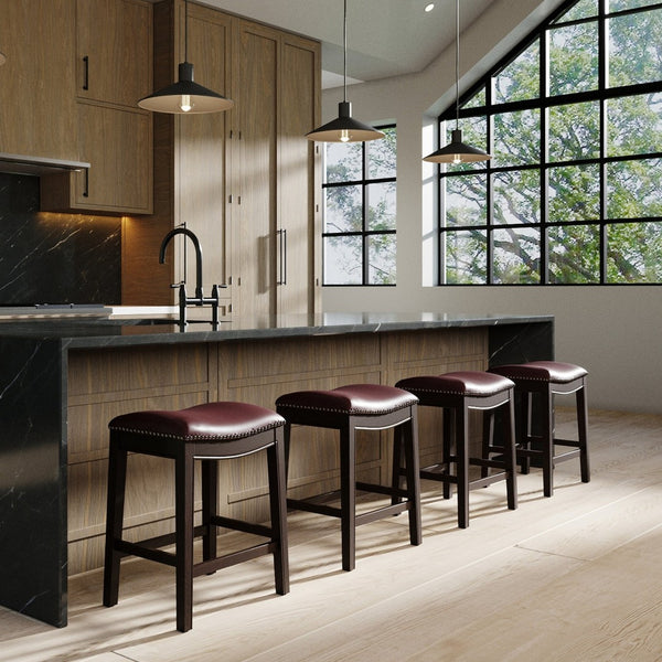 HomeRoots 26" Dark Red Faux Leather Backless Bar Chair - Solid Wood Espresso Frame for Elegant Counter Seating 384142