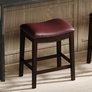HomeRoots 26" Dark Red Faux Leather Backless Bar Chair - Solid Wood Espresso Frame for Elegant Counter Seating 384142