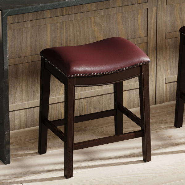 HomeRoots 26" Dark Red Faux Leather Backless Bar Chair - Solid Wood Espresso Frame for Elegant Counter Seating 384142