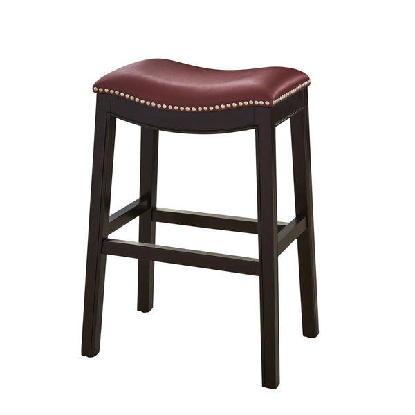 HomeRoots 26" Dark Red Faux Leather Backless Bar Chair - Solid Wood Espresso Frame for Elegant Counter Seating 384142