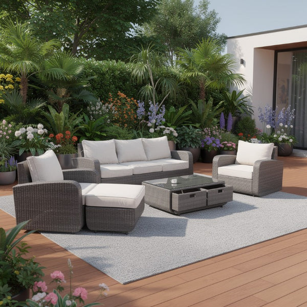 Five Piece Outdoor Wicker Patio Conversation Set with Coffee Table for Backyard Lounging