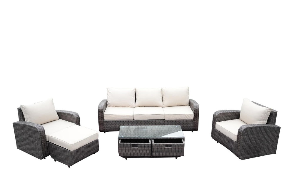 HomeRoots Five Piece Outdoor Wicker Patio Conversation Set with Coffee Table for Backyard Lounging Brown / Beige 384143