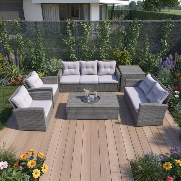 Six Piece Outdoor Wicker Patio Conversation Set with Coffee Table for Backyard Living