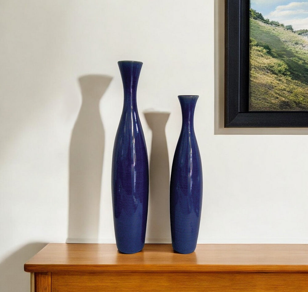 Homeroots Set Of 2 Deep Indigo Blue Ceramic Tall Thin Vases  Ceramic 384165