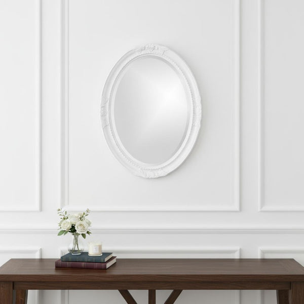 HomeRoots Oval Mirror in Glossy White Frame with Beaded Detail - Elegant Decor for Any Room or Space 384179