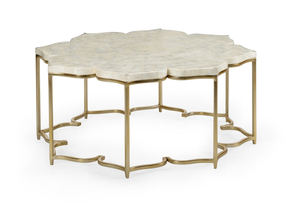 Chelsea House Lotus Sculptural Cocktail Table With Capiz Shell Top, Antique Silver Metal Base, 42" Statement Piece 384198