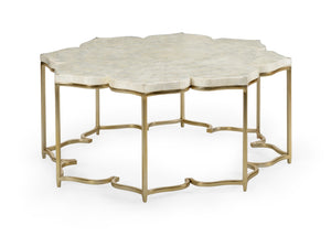 Chelsea House Lotus Sculptural Cocktail Table With Capiz Shell Top, Antique Silver Metal Base, 42" Statement Piece 384198