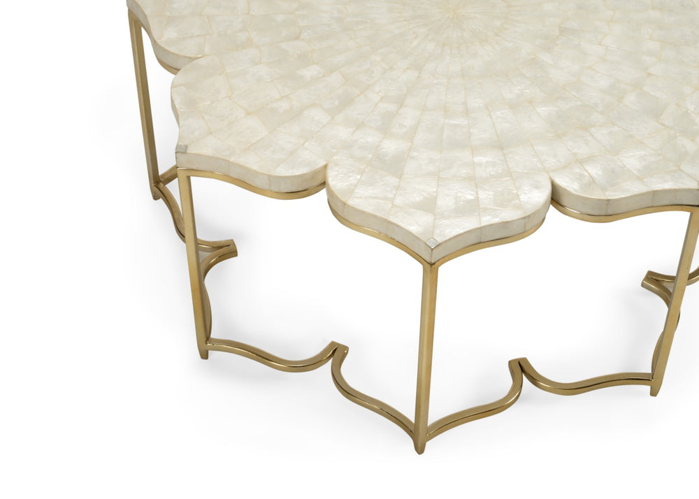 Chelsea House Lotus Sculptural Cocktail Table With Capiz Shell Top, Antique Silver Metal Base, 42" Statement Piece 384198