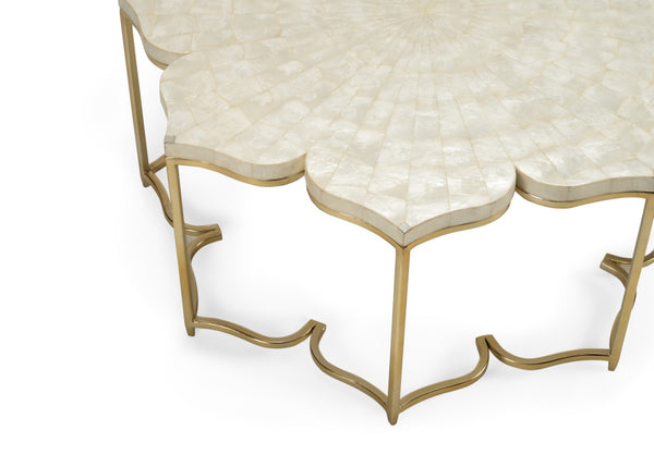 Chelsea House Lotus Sculptural Cocktail Table With Capiz Shell Top, Antique Silver Metal Base, 42" Statement Piece 384198