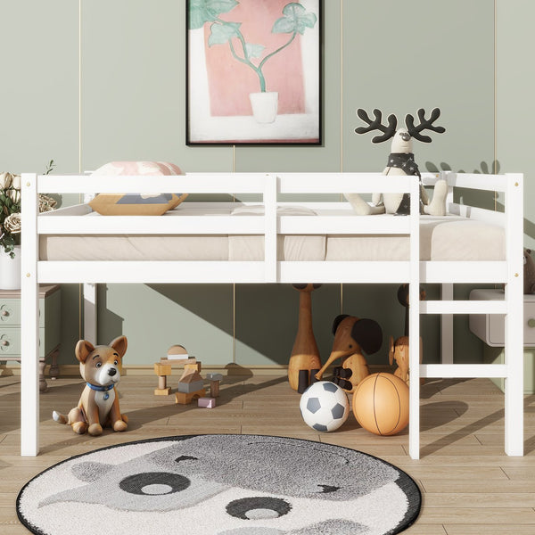 English Elm Full Rubber Wood Loft Bed with Ladder and Under-Bed Storage Space, Sturdy Minimalist Design for Comfort White W504P283526