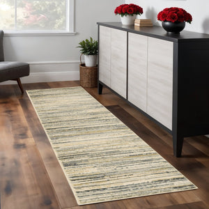 HomeRoots 8' Abstract Lines Indoor Runner Rug - Modern High-Low Texture in Warm Neutral Palette for Hallways Ivory/ Gold 2'3" x 7'6" 384231