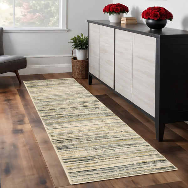HomeRoots 8' Abstract Lines Indoor Runner Rug - Modern High-Low Texture in Warm Neutral Palette for Hallways Ivory/ Gold 2'3" x 7'6" 384231