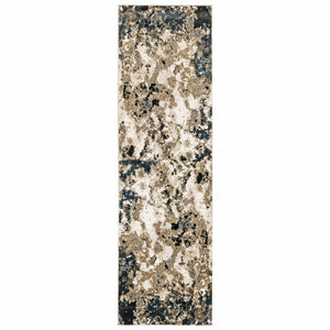 HomeRoots 2' X 8' Ivory Navy Abstract Marble Runner Rug - Luxurious Softness and Contemporary Style for Your Home 2'3" x 7'6" 384237