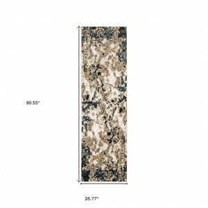 HomeRoots 2' X 8' Ivory Navy Abstract Marble Runner Rug - Luxurious Softness and Contemporary Style for Your Home 2'3" x 7'6" 384237