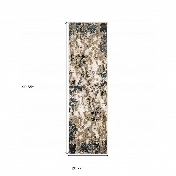 HomeRoots 2' X 8' Ivory Navy Abstract Marble Runner Rug - Luxurious Softness and Contemporary Style for Your Home 2'3" x 7'6" 384237