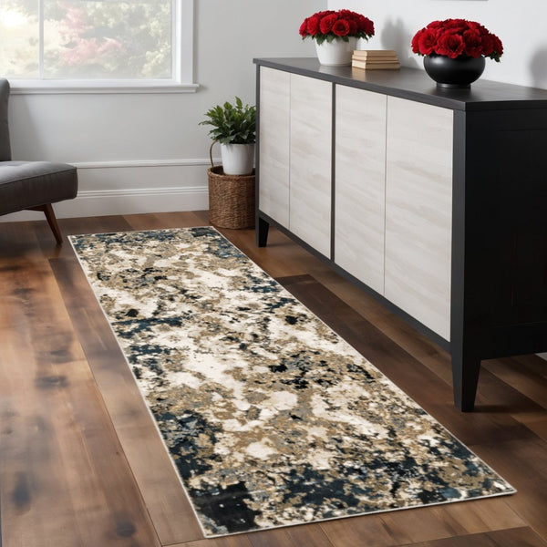 HomeRoots 2' X 8' Ivory Navy Abstract Marble Runner Rug - Luxurious Softness and Contemporary Style for Your Home 2'3" x 7'6" 384237
