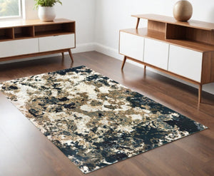 HomeRoots 2' X 8' Ivory Navy Abstract Marble Runner Rug - Luxurious Softness and Contemporary Style for Your Home 3'10" x 5'5" 384238