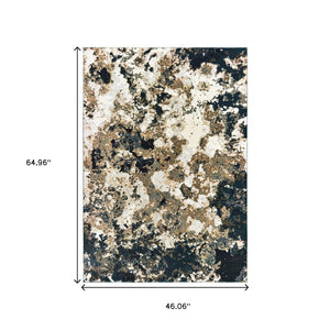 HomeRoots 2' X 8' Ivory Navy Abstract Marble Runner Rug - Luxurious Softness and Contemporary Style for Your Home 3'10" x 5'5" 384238