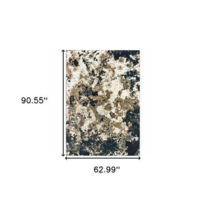 HomeRoots 2' X 8' Ivory Navy Abstract Marble Runner Rug - Luxurious Softness and Contemporary Style for Your Home 5'3" x 7'6" 384239