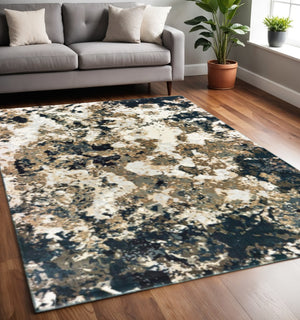 HomeRoots 2' X 8' Ivory Navy Abstract Marble Runner Rug - Luxurious Softness and Contemporary Style for Your Home 5'3" x 7'6" 384239