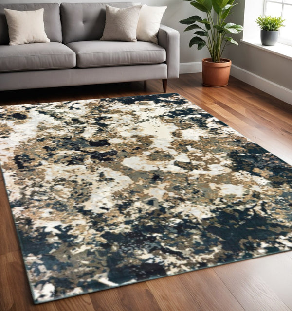 HomeRoots 2' X 8' Ivory Navy Abstract Marble Runner Rug - Luxurious Softness and Contemporary Style for Your Home 5'3" x 7'6" 384239