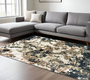 HomeRoots 2' X 8' Ivory Navy Abstract Marble Runner Rug - Luxurious Softness and Contemporary Style for Your Home 7'10" x 10'10" 384241