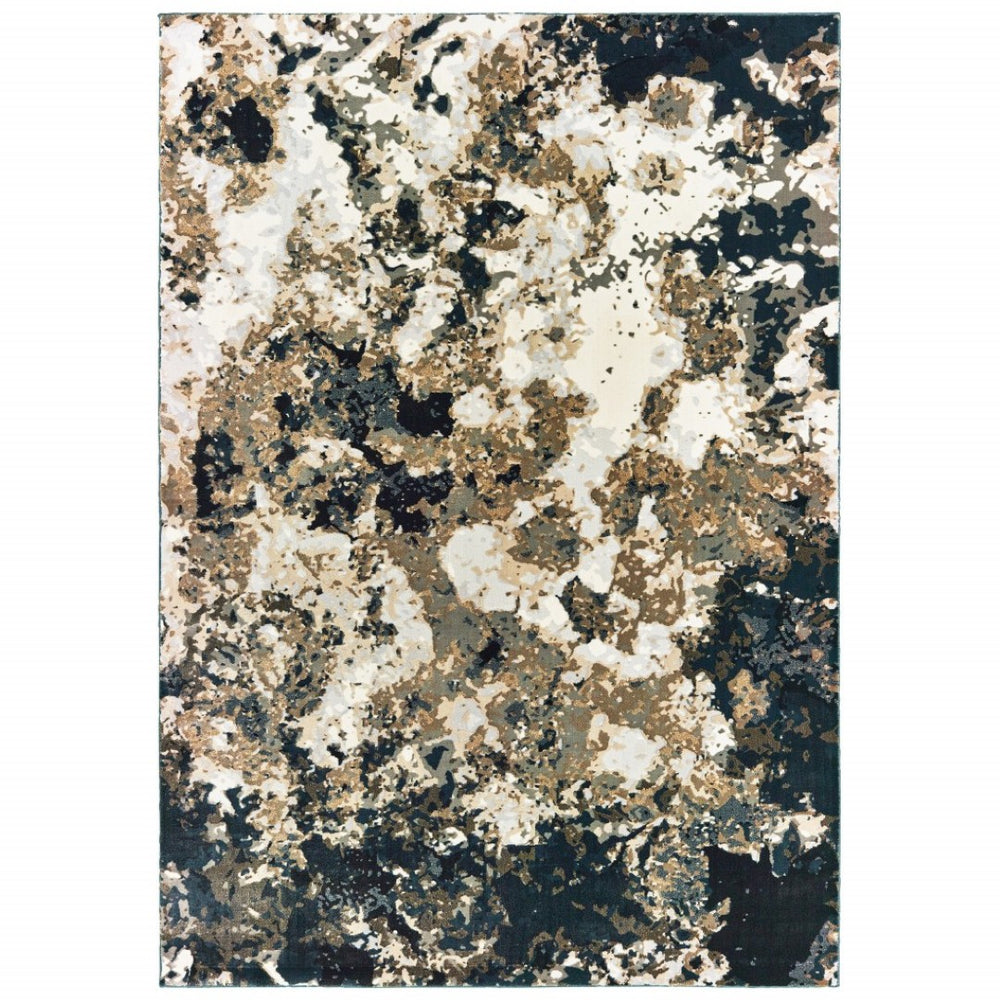 HomeRoots 2' X 8' Ivory Navy Abstract Marble Runner Rug - Luxurious Softness and Contemporary Style for Your Home 9'10" x 12'10" 384242