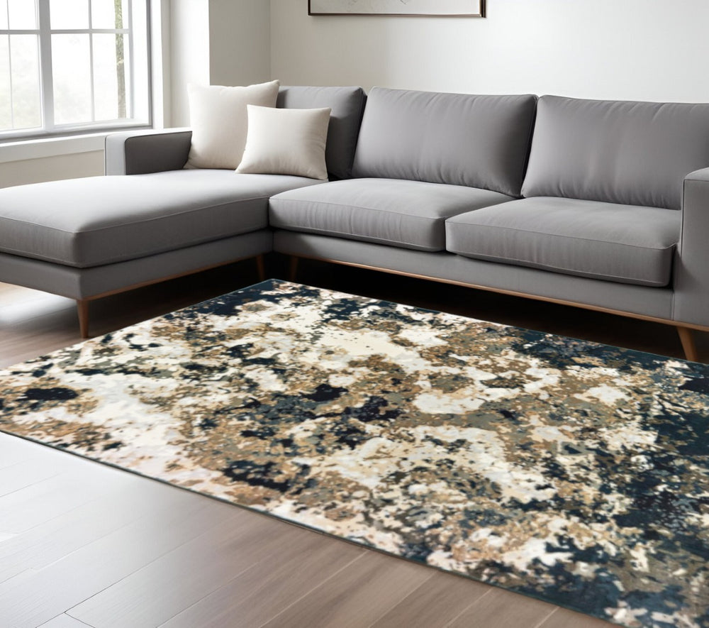 HomeRoots 2' X 8' Ivory Navy Abstract Marble Runner Rug - Luxurious Softness and Contemporary Style for Your Home 9'10" x 12'10" 384242