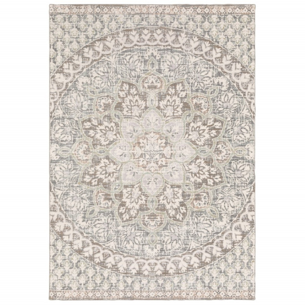 HomeRoots 10' Elegant Distressed Area Rug with Timeless Medallion Design for Modern and Traditional Spaces Ivory/ Grey 9'10" x 12'10" 384272