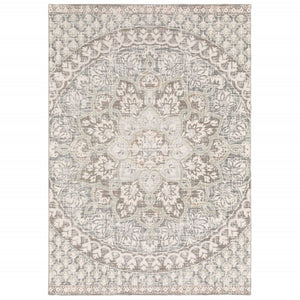 HomeRoots 10' Elegant Distressed Area Rug with Timeless Medallion Design for Modern and Traditional Spaces Ivory/ Grey 9'10" x 12'10" 384272