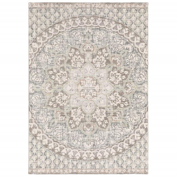 HomeRoots 10' Elegant Distressed Area Rug with Timeless Medallion Design for Modern and Traditional Spaces Ivory/ Grey 9'10" x 12'10" 384272