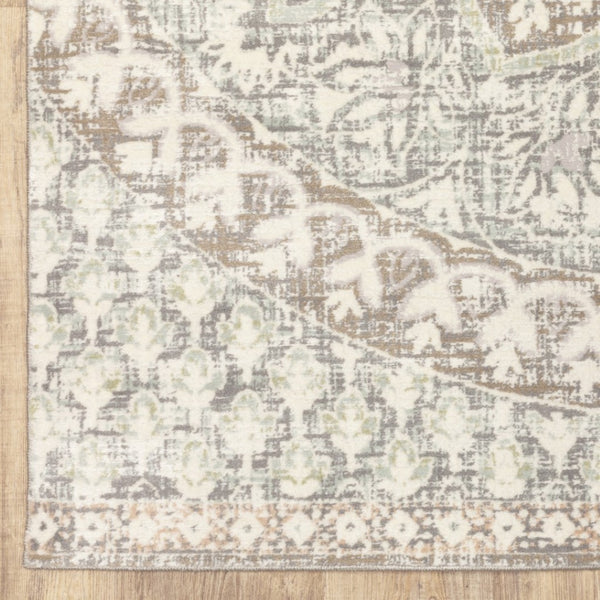 HomeRoots 10' Elegant Distressed Area Rug with Timeless Medallion Design for Modern and Traditional Spaces Ivory/ Grey 9'10" x 12'10" 384272
