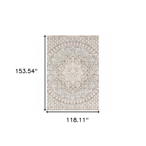 HomeRoots 10' Elegant Distressed Area Rug with Timeless Medallion Design for Modern and Traditional Spaces Ivory/ Grey 9'10" x 12'10" 384272