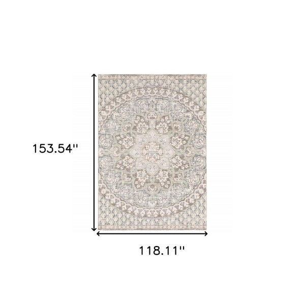 HomeRoots 10' Elegant Distressed Area Rug with Timeless Medallion Design for Modern and Traditional Spaces Ivory/ Grey 9'10" x 12'10" 384272