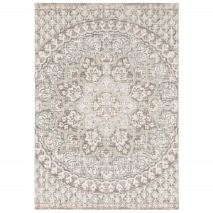 HomeRoots 10' Elegant Distressed Area Rug with Timeless Medallion Design for Modern and Traditional Spaces Ivory/ Grey 9'10" x 12'10" 384272