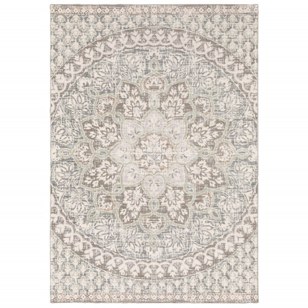 HomeRoots 10' Elegant Distressed Area Rug with Timeless Medallion Design for Modern and Traditional Spaces Ivory/ Grey 9'10" x 12'10" 384272
