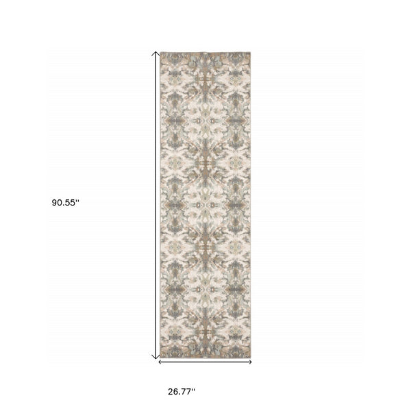 Homeroots 7' Ivory Gray Abstract Ikat Indoor Runner Rug  Polypropylene 384279
