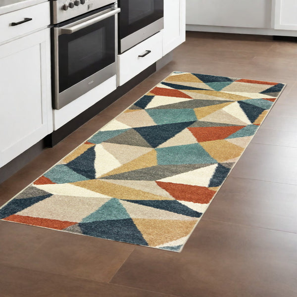 Homeroots 8' Blue Green Beige Retro Wedge Indoor Runner Rug  Polypropylene 384286