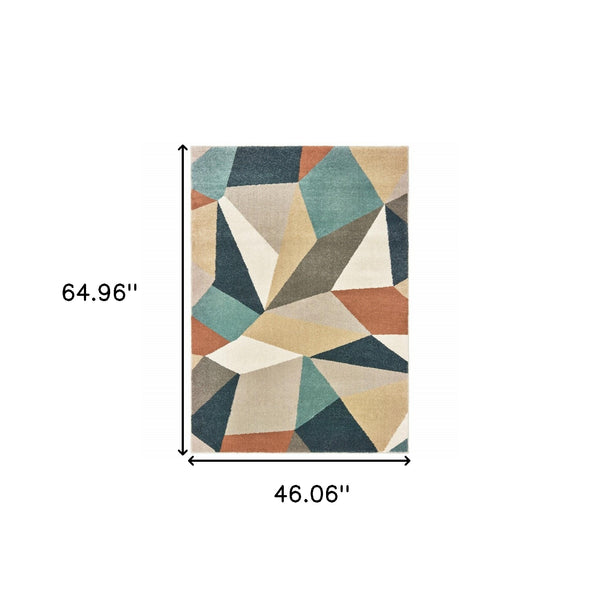 Homeroots 3' X 6' Blue Green Beige Retro Wedge Indoor Indoor Area Rug  Polypropylene 384287
