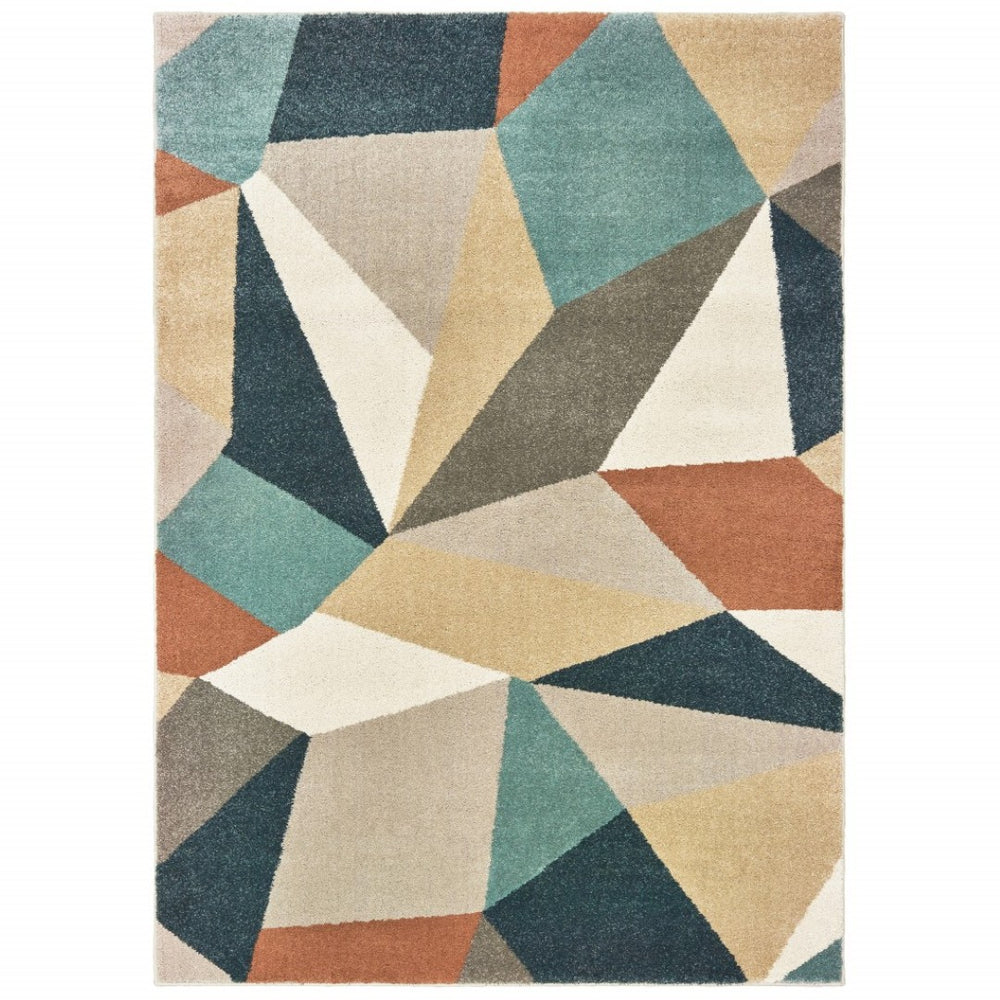 HomeRoots 8' Abstract Geometric Runner Rug in Blue, Green, and Beige – Stylish, Durable, and Easy-Clean Design 5'3" x 7'3" 384288