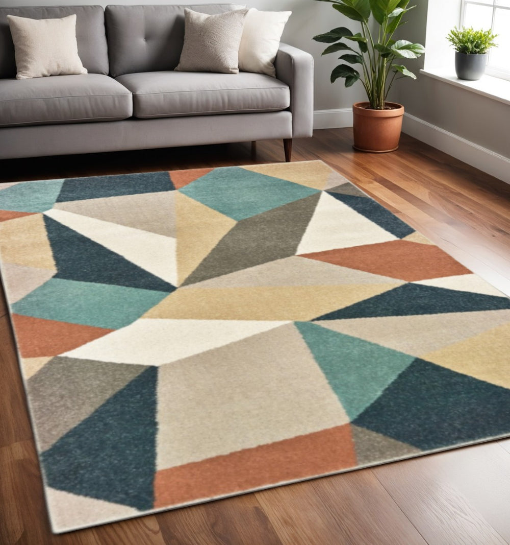 HomeRoots 8' Abstract Geometric Runner Rug in Blue, Green, and Beige – Stylish, Durable, and Easy-Clean Design 5'3" x 7'3" 384288