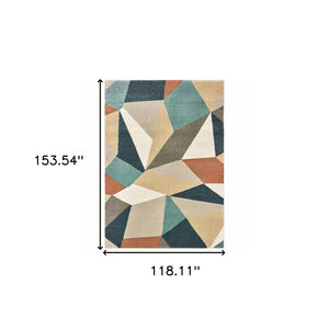 Homeroots 9' X 12' Blue Green Beige Retro Wedge Indoor Indoor Area Rug  Polypropylene 384291