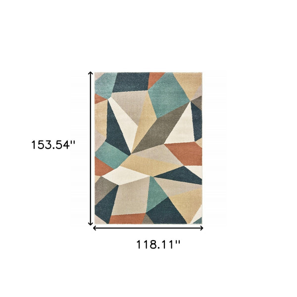 Homeroots 9' X 12' Blue Green Beige Retro Wedge Indoor Indoor Area Rug  Polypropylene 384291
