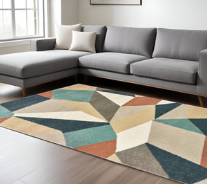 HomeRoots 8' Abstract Geometric Runner Rug in Blue, Green, and Beige – Stylish, Durable, and Easy-Clean Design 9'10" x 12'10" 384291